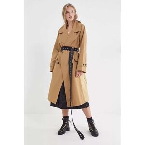 Avec Les Filles Colorblock Double Breasted Belted Trench Coat Tan Beige Small